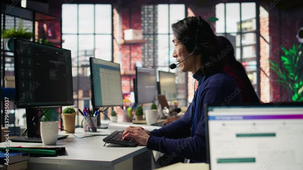 Poster technical support specialist in call center office troubleshooting customer connectivity issue throu