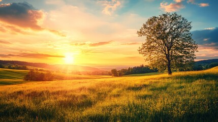 Fototapeta premium Sunrise over a field with a lone tree