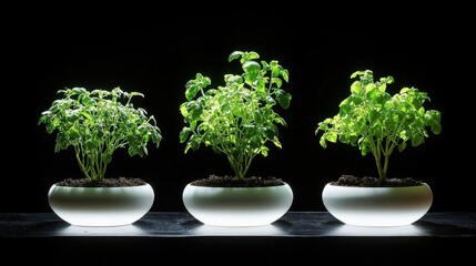 Fototapeta premium Three vibrant green potted plants showcasing growth stages in sleek white oval planters against a dark background