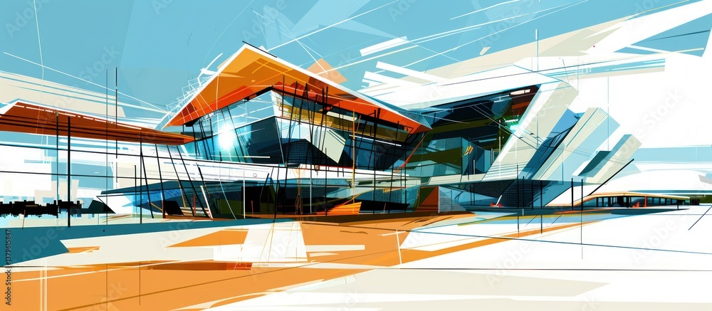 Poster abstract architectural design of a modern building with sharp angles and vibrant colors.