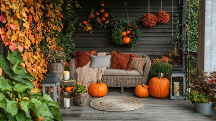 Autumn porch decorated with pumpkins wreaths and cozy furniture