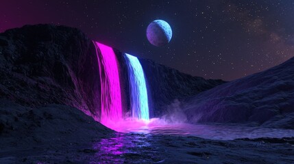 A neon light show waterfall on a sci-fi planet under twin moons, stars rotating above