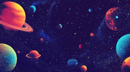 Colorful planets orbiting, cosmic background, nebula, space exploration, digital art, website banner
