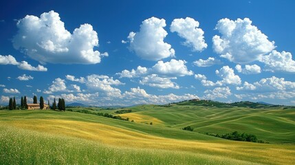 Obraz premium Tuscan countryside landscape with farmhouse under a blue sky