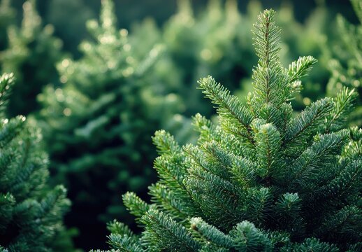 Fresh, vibrant Christmas trees in a nursery