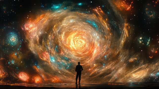 Man contemplates cosmic swirl, nebula backdrop, digital art, space exploration