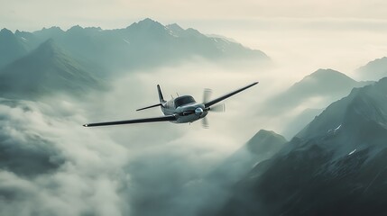 An airplane flying through the mountains with clouds present