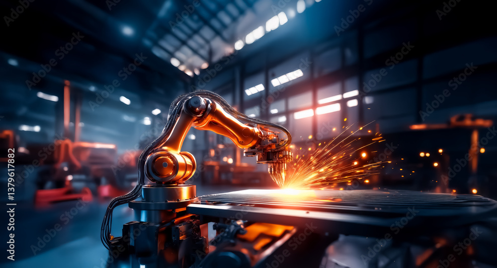 Aufkleber automated robotic arm welds metal in a factory, producing bright sparks. industrial setting with blu