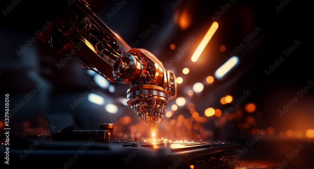 Poster a metallic arm with a glowing tip is positioned above a surface, emitting sparks in a dark, blurred 