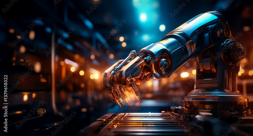 Poster metallic robotic arm in a dark factory environment, with blurred background and bokeh lights showcas