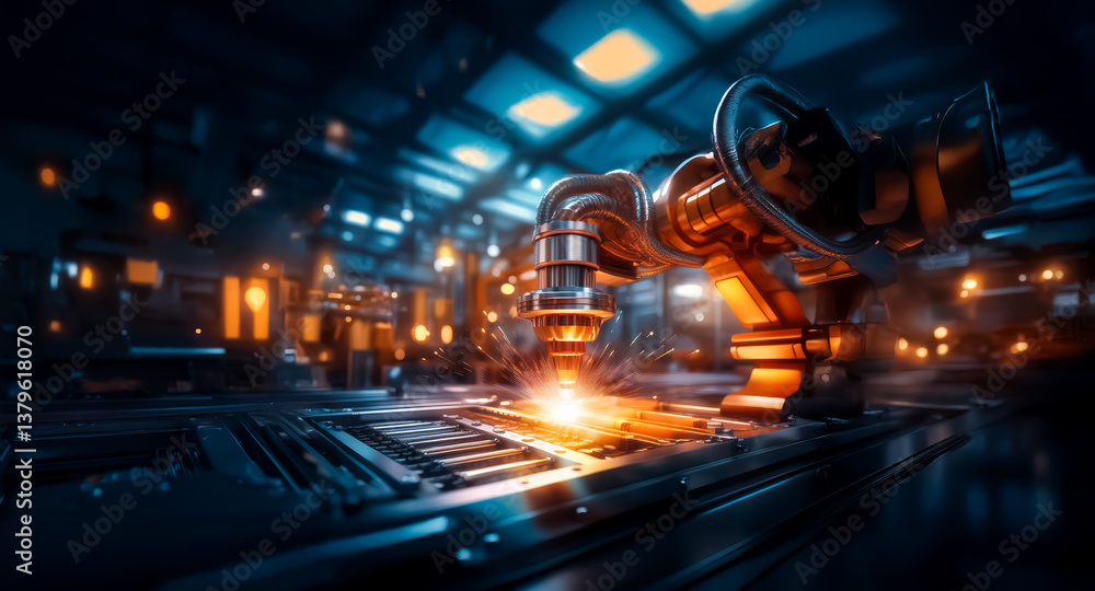 Aufkleber automated robotic arm welds metal in a dimly lit industrial factory, with sparks flying in a manufac