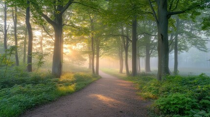 Sunlit path through misty forest at dawn