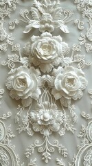 Intricate white floral lace design featuring detailed rose motifs.