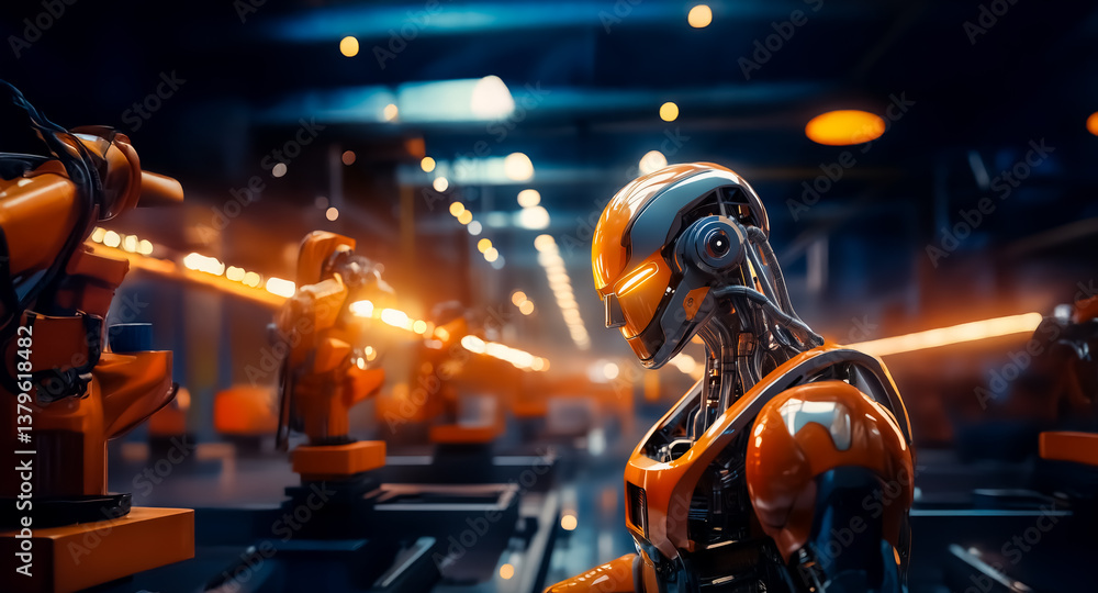 Leinwandbilder orange robot in a futuristic factory setting. robotic arms and bright lights highlight automation an