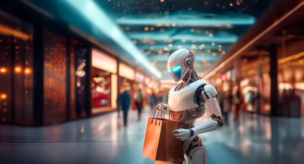 Obraz premium A humanoid robot carries shopping bags in a bright, modern mall with blurred shoppers, suggesting a future of automated retail experiences.
