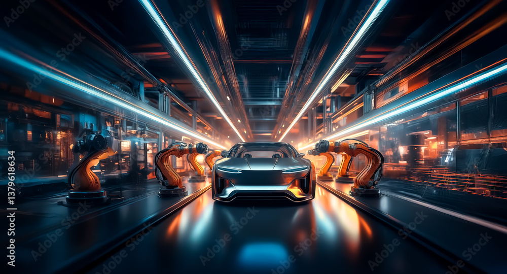 Leinwandbilder futuristic car assembly line featuring robotic arms constructing a vehicle in a modern industrial se