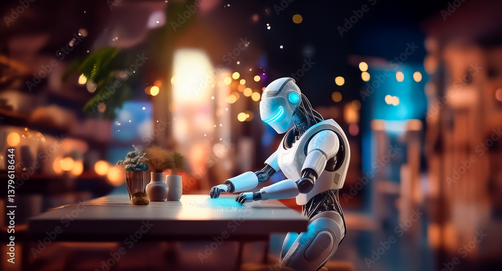 Aufkleber a sleek robot is seated at a table in a warmly illuminated, blurred ambiance. the humanoid machine a
