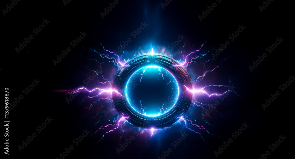 Poster A vibrant glowing circle emits blue and purple electric energy on a dark backdrop. Powerful arcs of light crackle and surround the ring, creating a dynamic and futuristic effect.