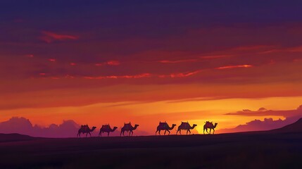 Fototapeta premium Silhouetted camels walking across a desert landscape at sunset with vibrant orange and purple hues in the sky