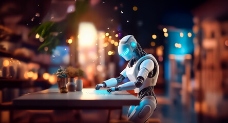 Naklejka premium A sleek robot is seated at a table in a warmly illuminated, blurred ambiance. The humanoid machine appears to be interacting with the surface before it.