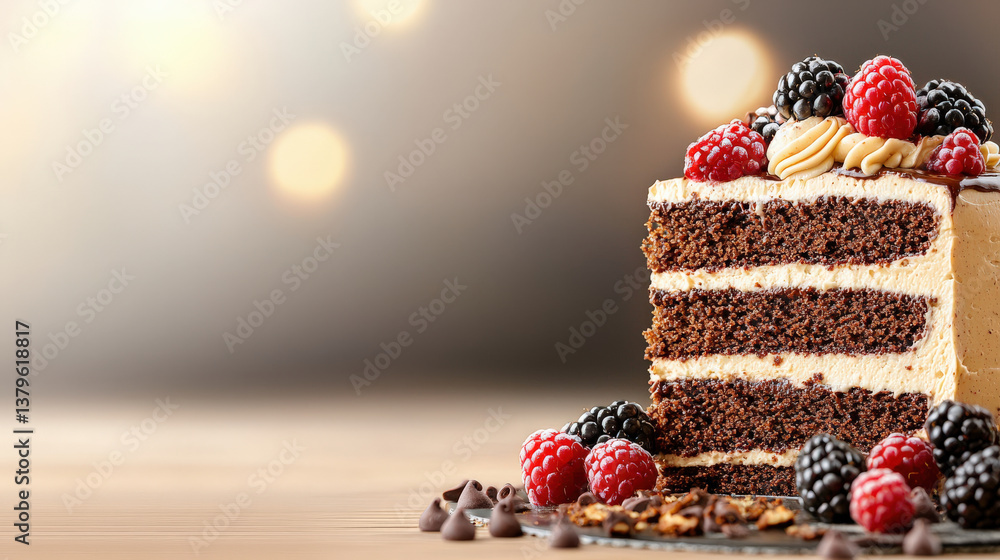 Poster luxurious chocolate cake with layers of ganache and berries sits elegantly on wooden table, adorned 