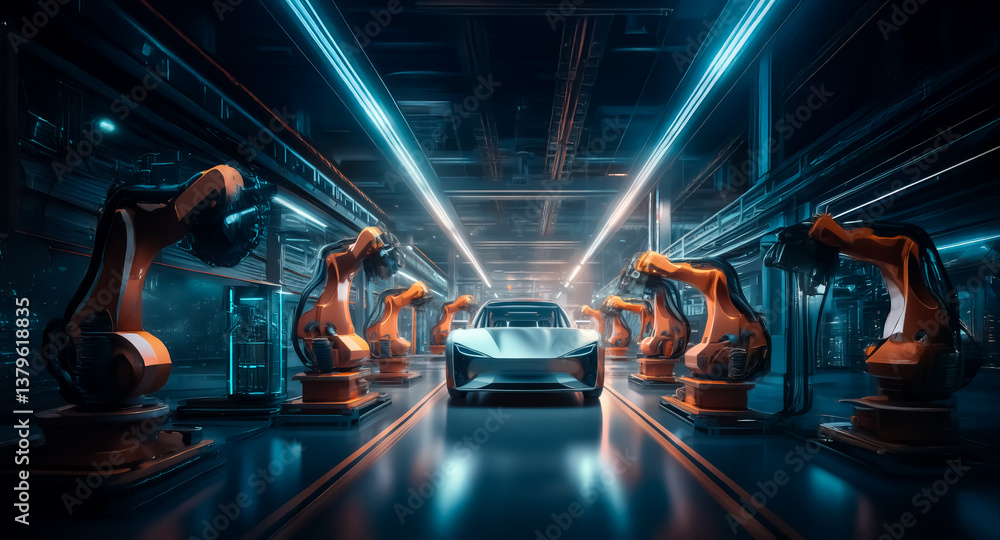 Poster futuristic car assembly line with robotic arms. orange robots work on a silver car in a blue neon li
