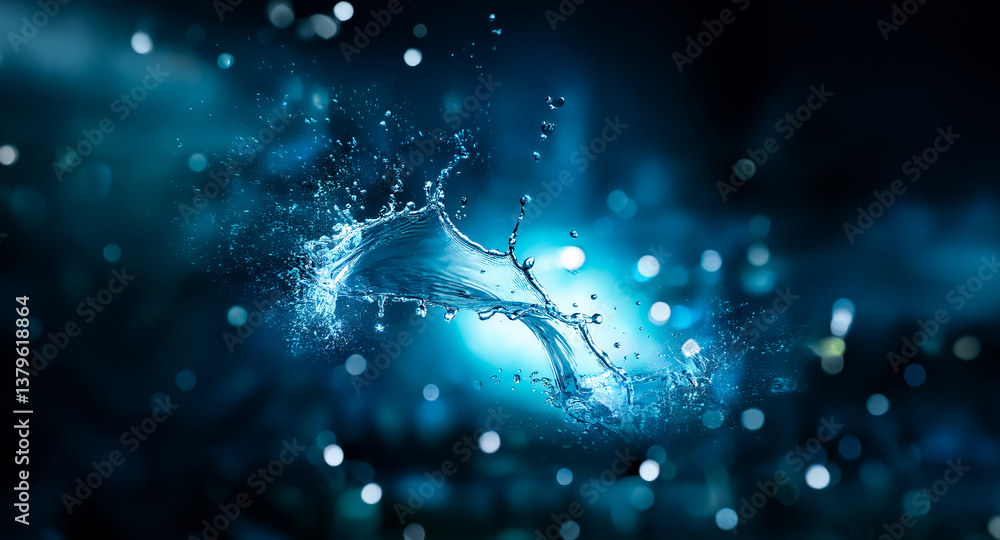 Poster vibrant water splash against a dark blue backdrop. bokeh lights add a magical touch to the scene. th