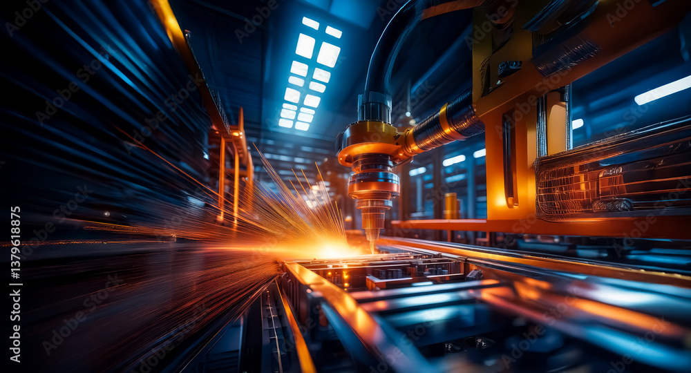 Aufkleber A robotic arm precisely welds metal in a factory, creating bright sparks. Automation and advanced technology are at work in a modern industrial setting with dynamic motion blur.