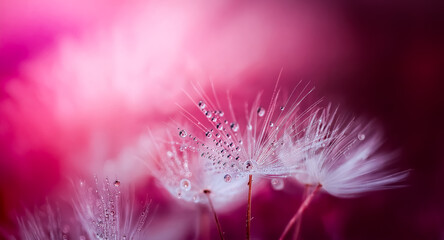 Delicate dandelion seeds adorned with water droplets are softly illuminated against a blurred pink and magenta backdrop, creating a dreamy and ethereal scene.
