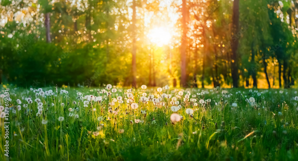 Poster a sunlit meadow filled with fluffy dandelion seed heads, bordered by a lush green forest. the warm s