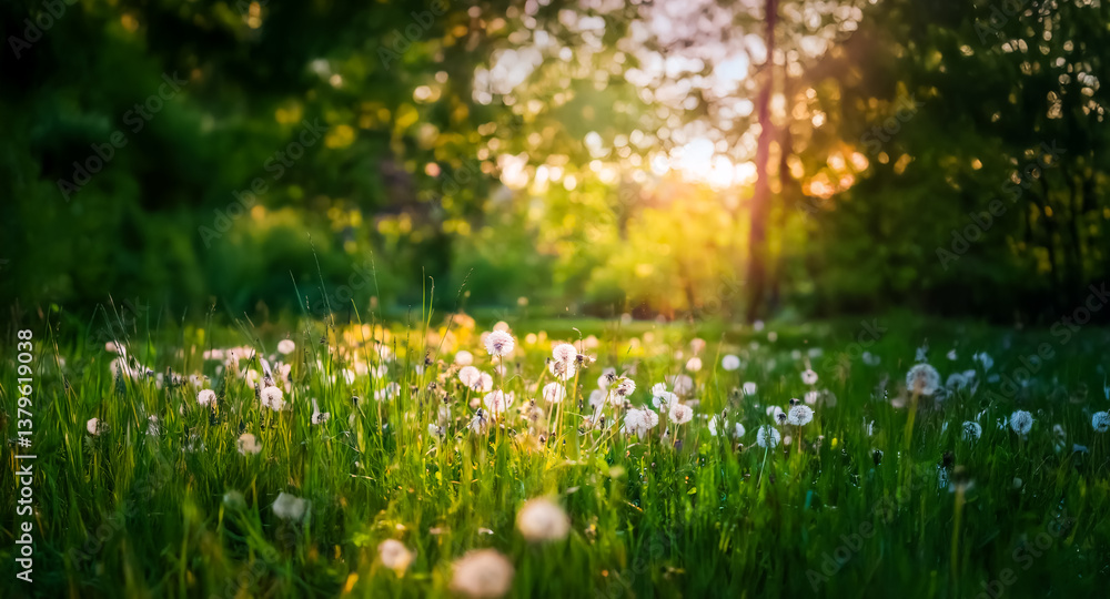 Poster sunlight streams through trees, illuminating a dandelion field. green grass and blurred foliage crea