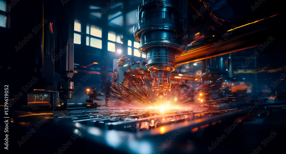 Poster automated machine in factory emits sparks during manufacturing. industrial process with metallic and