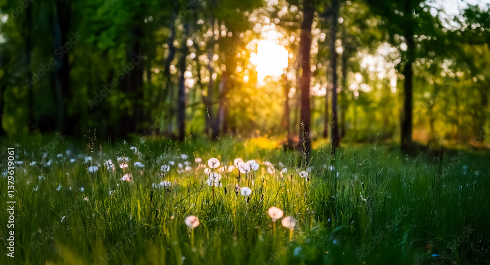 Poster a serene forest scene bathed in golden sunlight, filtering through trees and illuminating a field of