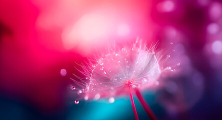 Delicate dandelion seed head with water droplets catches the light against a vibrant pink, purple, and blue blurred backdrop. Soft, dreamy, and ethereal.