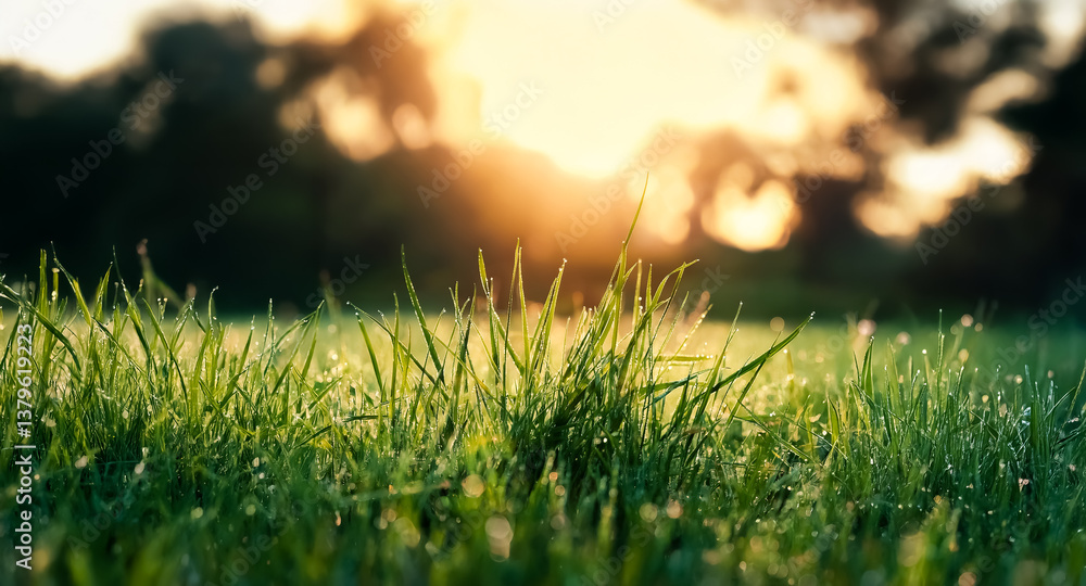Poster close up view of vibrant green grass blades in sharp focus. soft, blurred background of trees is ill