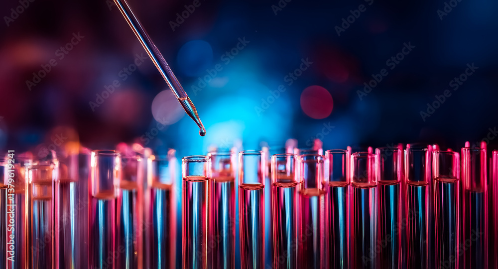 Poster dropper adding fluid to test tubes in a laboratory setting. a scientific experiment is underway with