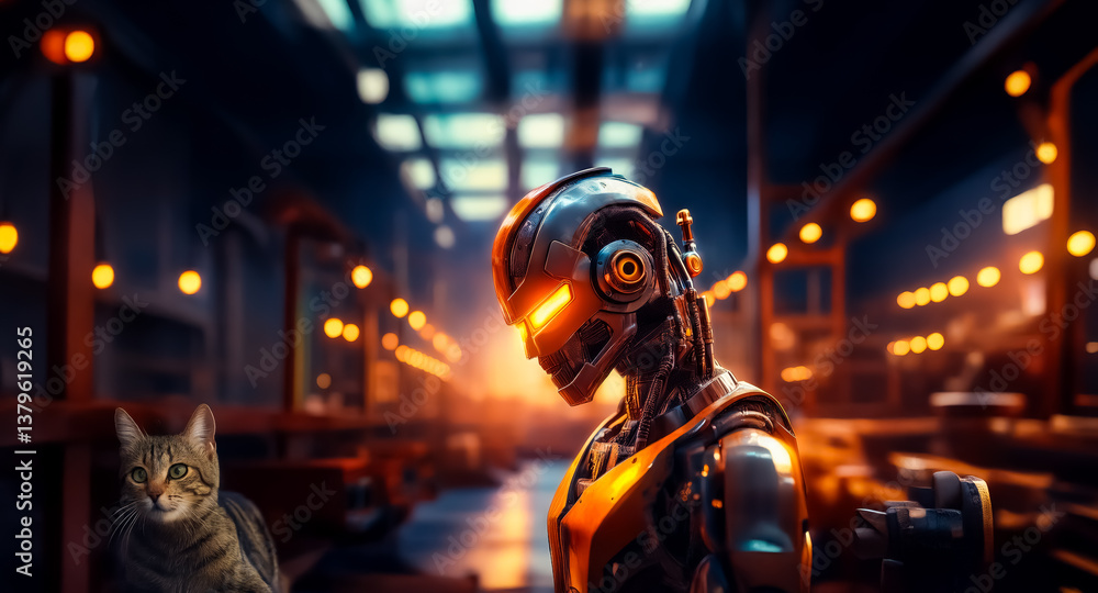Aufkleber a metallic robot with glowing eyes stands in a dimly lit industrial setting alongside a cat. the sce
