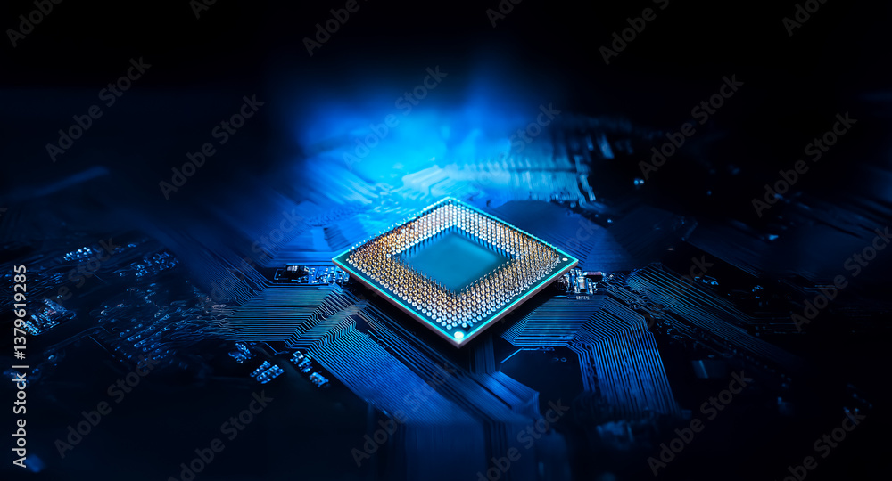 Poster a square computer chip with a metallic rim is centrally placed on a dark circuit board. bright blue 