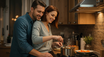 A loving couple cooks together, sharing a tender moment in their cozy kitchen, illuminated by warm, soft lighting.