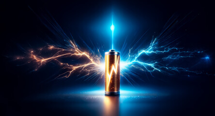 A battery is depicted against a dark backdrop, emitting vibrant blue and orange electrical sparks. The scene conveys a sense of potent energy and technological innovation with bright illumination.