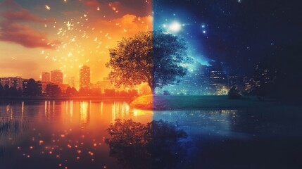 Day and Night Cityscape: A Dreamlike Reflection