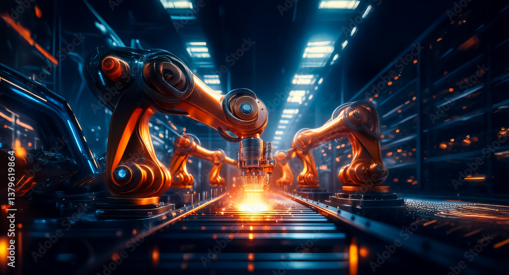 Leinwandbilder Automated robotic arms work diligently in a futuristic factory, assembling components with precision and efficiency in a high-tech industrial setting.