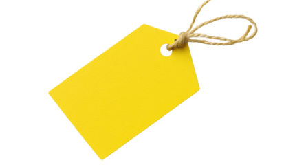 a vibrant yellow price tag with a string isolated on white background