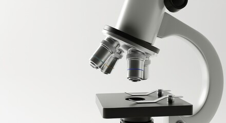 Close up of laboratory microscope with achromatic objectives for scientific research, medicine and pharmaceutical work, microbiology exploration concept