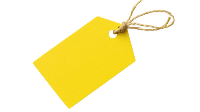 a vibrant yellow price tag with a string isolated on white background