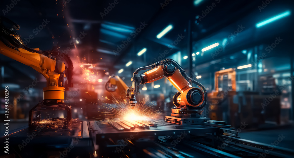 Aufkleber robotic arms operate in a dimly lit factory, sparks illuminate the scene. machines work in automated