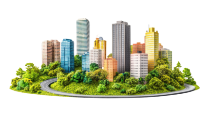a vibrant miniature cityscape featuring tall building isolated on white background