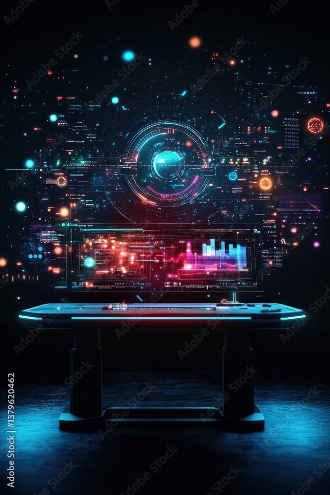 Poster office desk merging with holographic interface, representing futuristic workspace.