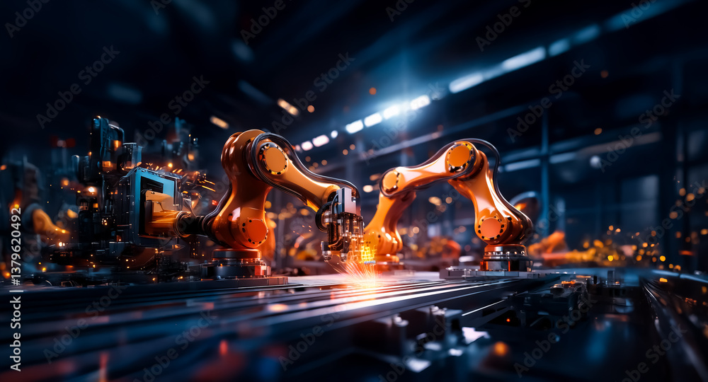Poster Automated robotic arms precisely work in a dim factory. Orange robots weld components on a conveyor belt in a manufacturing environment. Sparks illuminate the industrial scene.