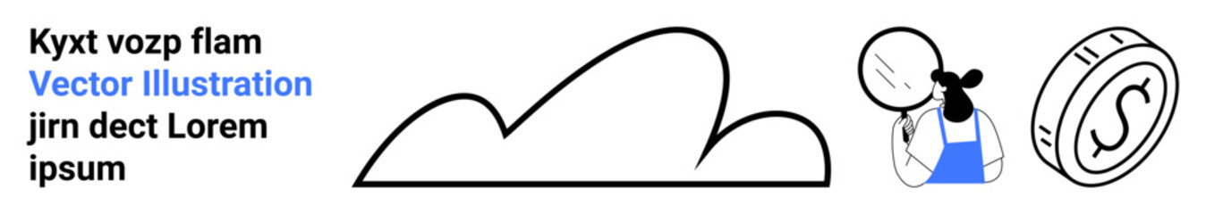 Cow wearing apron examines coin using magnifying glass beside minimal cloud design. Ideal for financial examination, farming economy concepts, savings, financial growth, agriculture insights, minimal